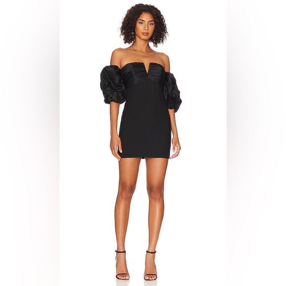 CINQ A SEPT Teo Off Shoulder Puff Sleeve Mini Dress Satin Crepe Black - Picture 6 of 10